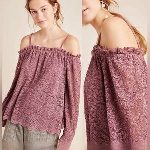 Anthropologie Eri + Ali Velvet Romana Lace Cold Shoulder Top